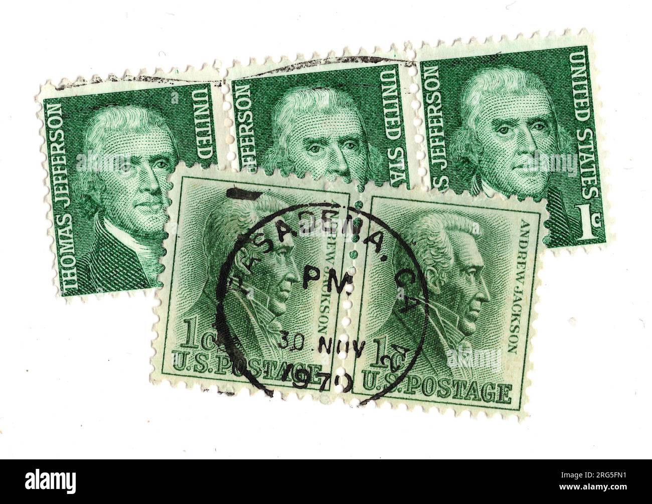 A montage of vintage postage stamps from the USA featuring Andrew Jackson on a white background. Stock Photo