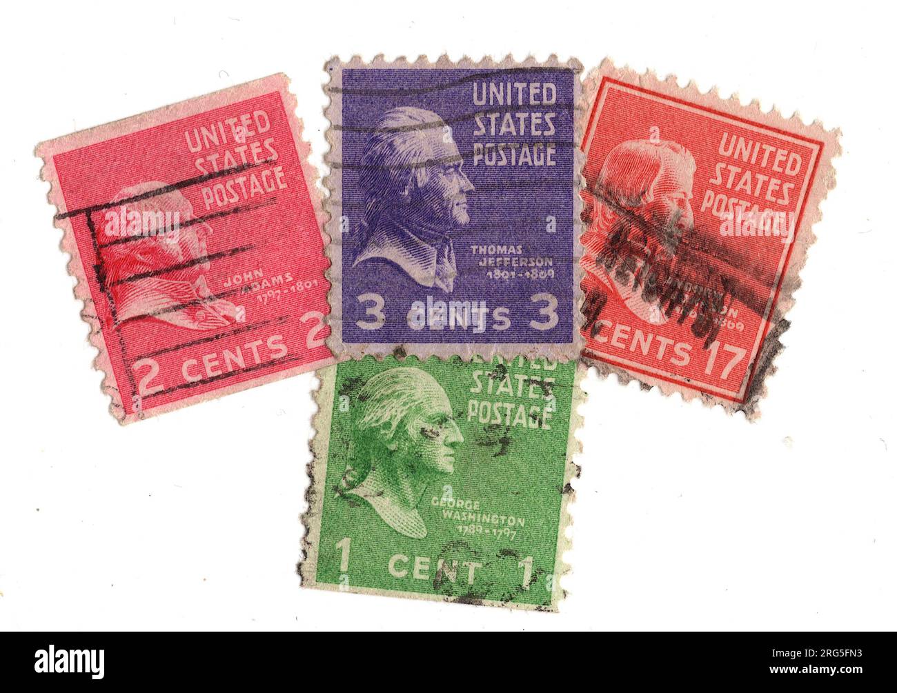 A montage of vintage postage stamps from the USA featuring Thomas Jefferson on a white background. Stock Photo