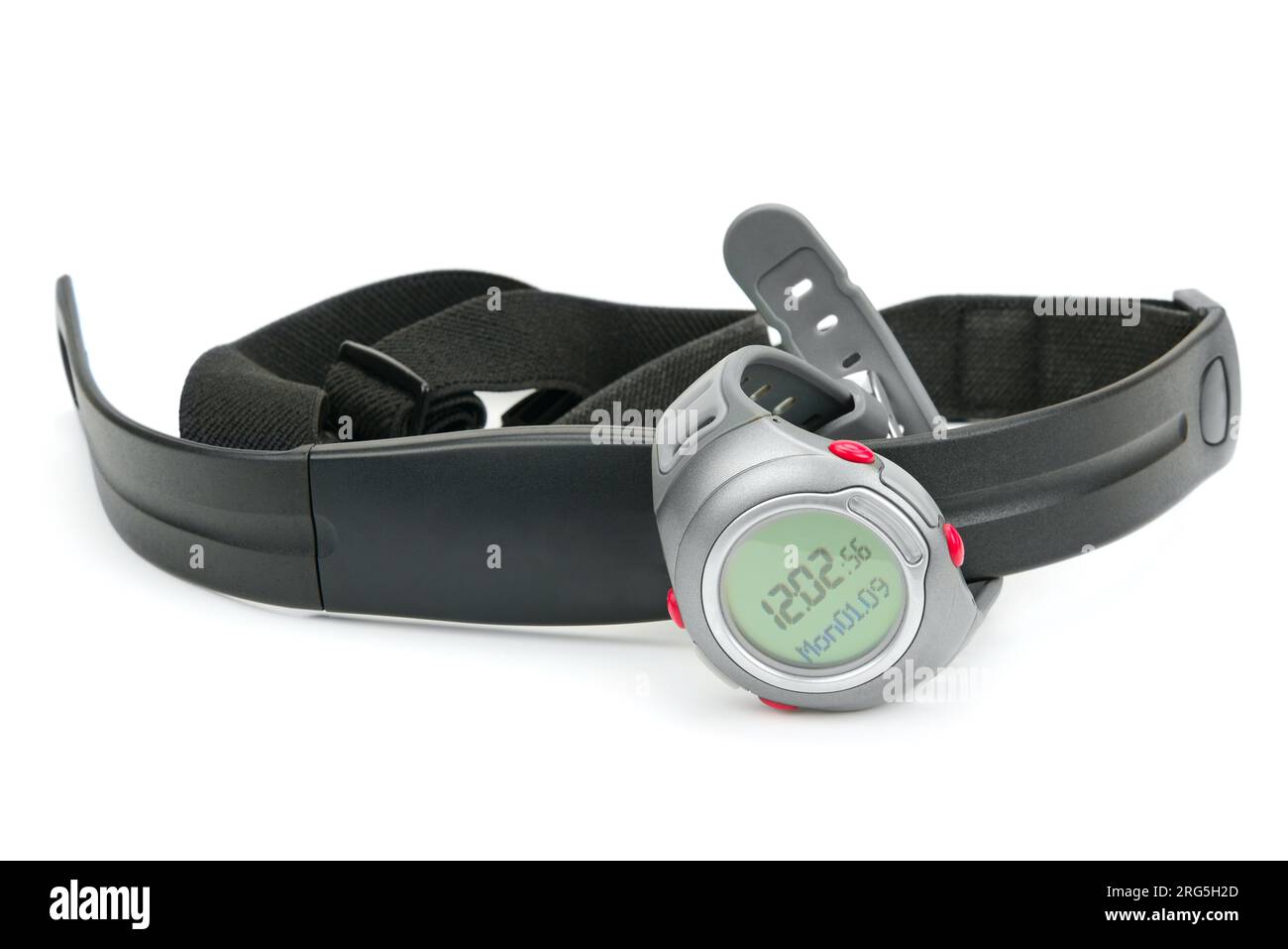 watch and chest strap of heart rate monitor isolated on white Stock