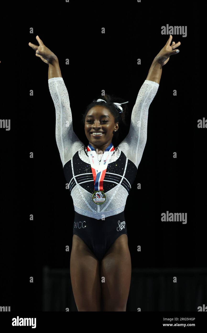 August 5, 2023: Olympic gold medalist SIMONE BILES wins gold in the  all-around at the U.S. Classic. This was Biles' first competition since the  Tokyo 2021 games. The 2023 Core Hydration Classic