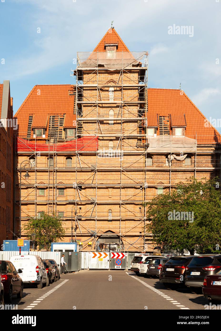 The Crane Gate or Brama Zuraw West side under renovation as seen from Szeroka St in the Old Town of Gdansk, Poland as of July 2023 Stock Photo