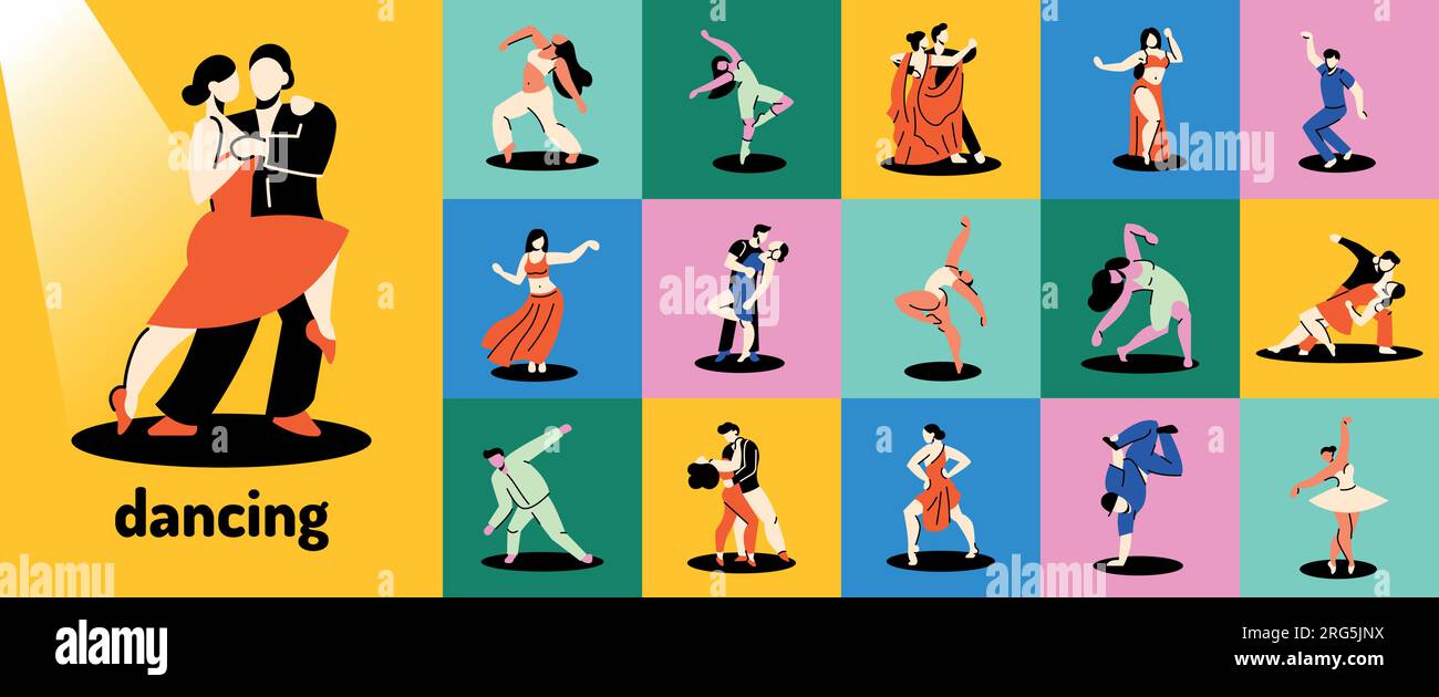 Dancing people color concepts. Digital illustrations for web page, mobile app, promo. Stock Vector