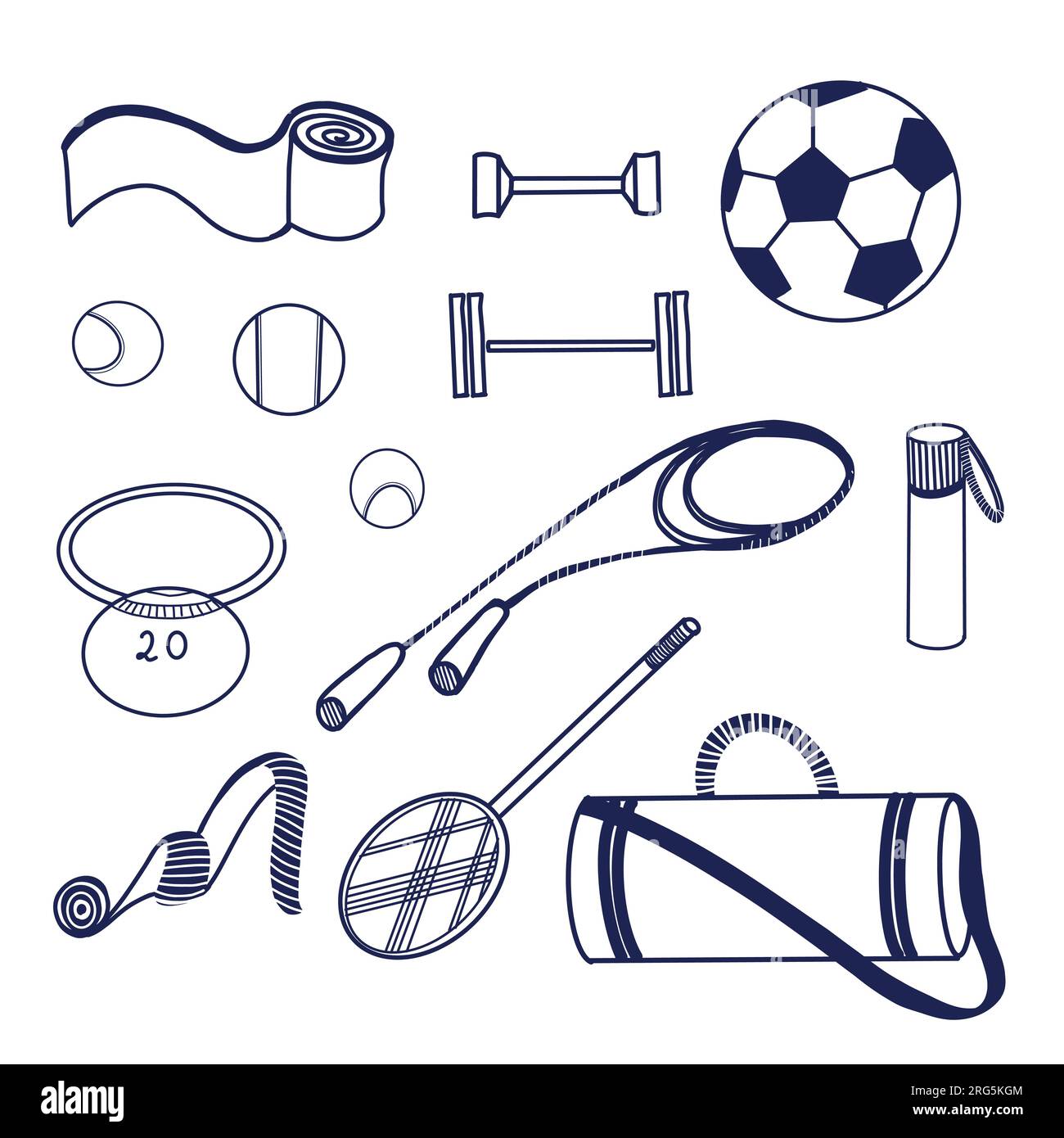 Set of illustrations. Sports equipment - tennis racket, dumbbells, bag, balls, jump rope, scales, water bottle, kettlebell drawn in vector on a tablet Stock Vector