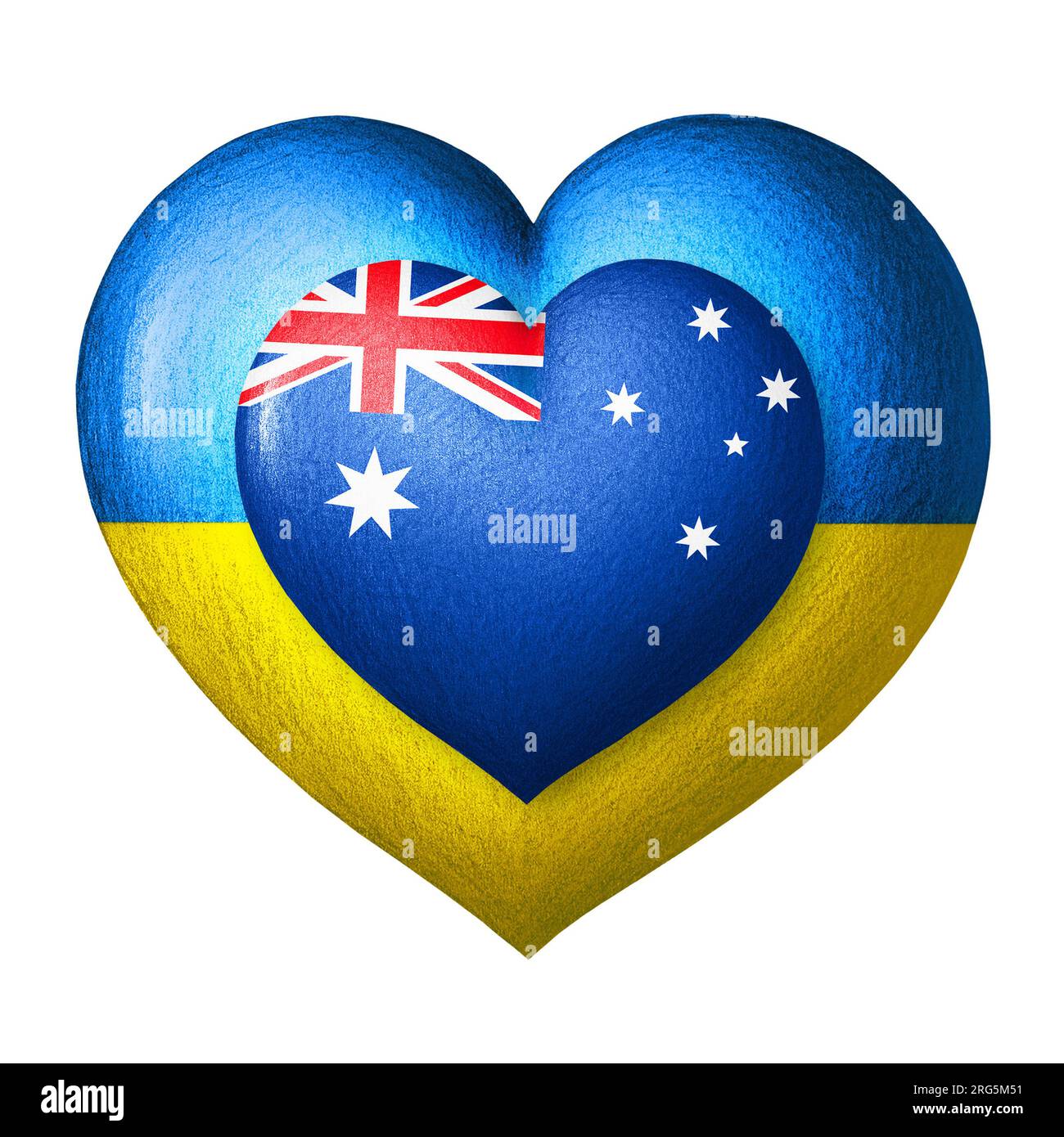 Flags of Ukraine and Australia. Two hearts in the colors of the flags isolated on a white background. Concept of protection, solidarity, cooperation a Stock Photo