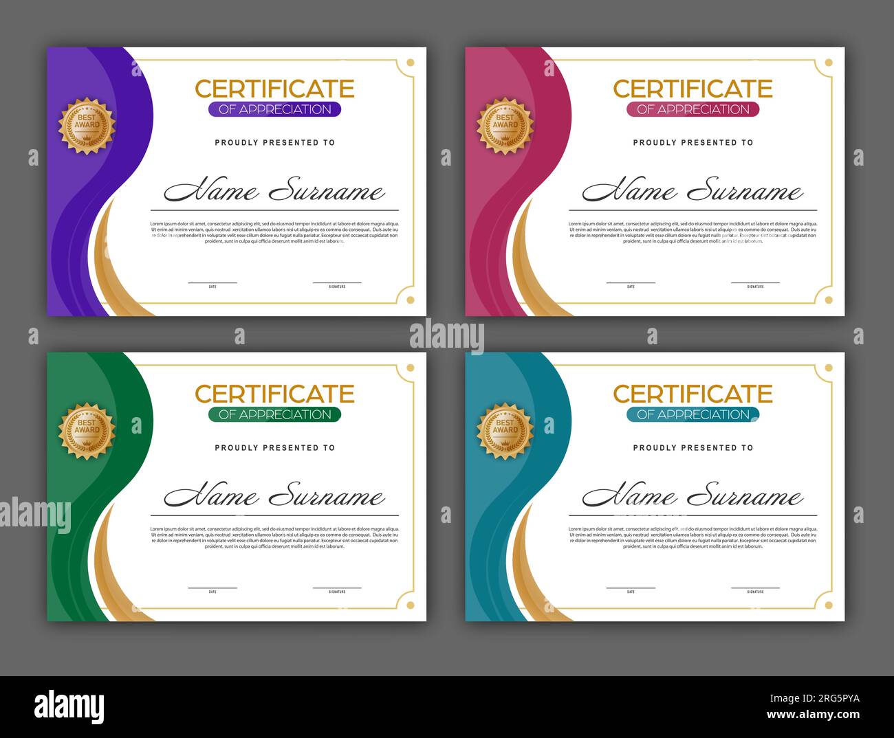 Certificate. A set of mock-ups of the certificate of recognition of education, training, achievements. Four color designs Stock Vector