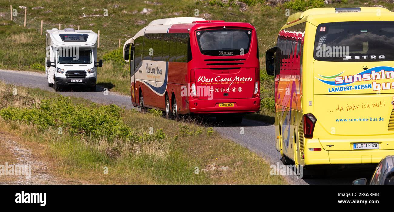 Isle of Mull, Scotland, UK.  6 June 2023. Traffic congestion motorhome and tour buses on the Isle of Mull, Scotland, UK. Stock Photo