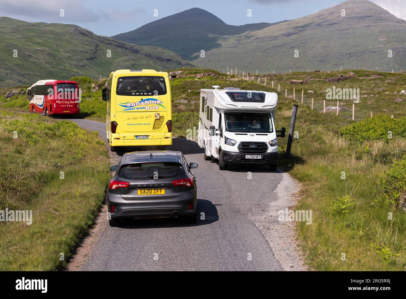 Isle of Mull, Scotland, UK.  6 June 2023. Traffic congestion motorhome and tour buses on the Isle of Mull, Scotland, UK. Stock Photo