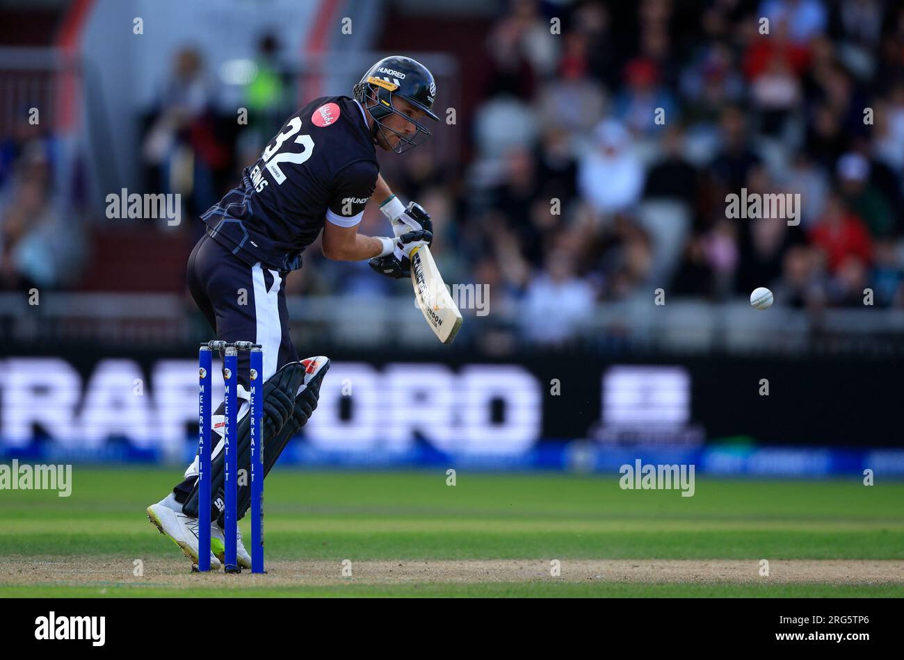 Laurie Evans batting for Manchester Originals  during The Hundred match Manchester Originals vs Birmingham Phoenix at Old Trafford, Manchester, United Kingdom, 7th August 2023  (Photo by Conor Molloy/News Images) Stock Photo