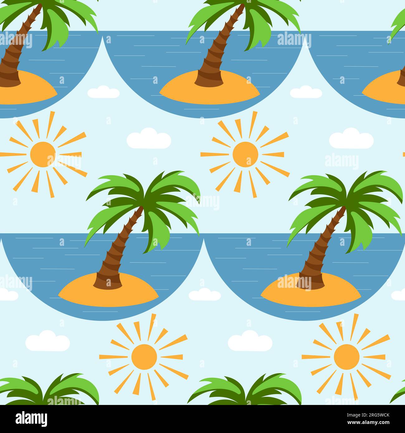 Vector seamless pattern with palm tree, sea and sun. Summer pattern in a flat style. Summer print. Stock Vector