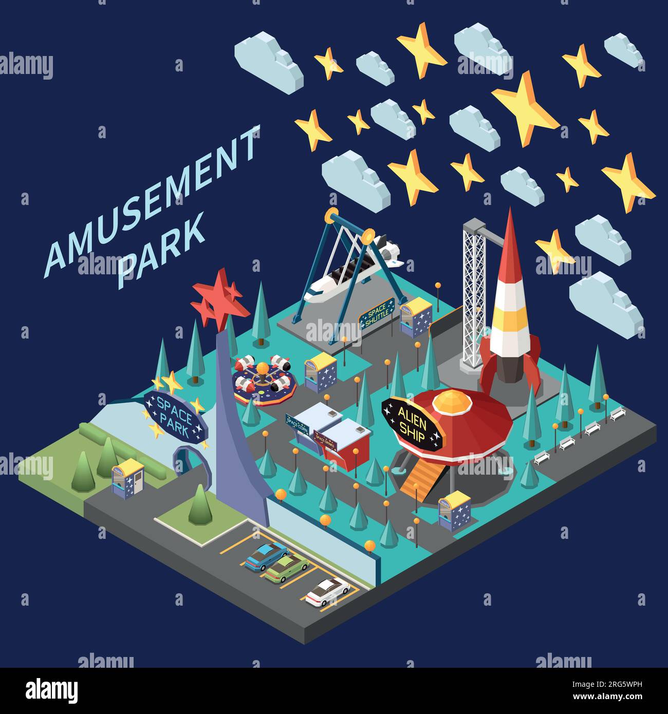 Amusement park isometric composition with isolated view of thematic space park with rockets and alien ship vector illustration Stock Vector