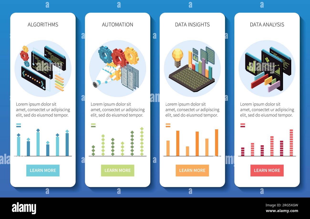 Machine learning set of vertical banners with isometric compositions of icons bar charts and text buttons vector illustration Stock Vector
