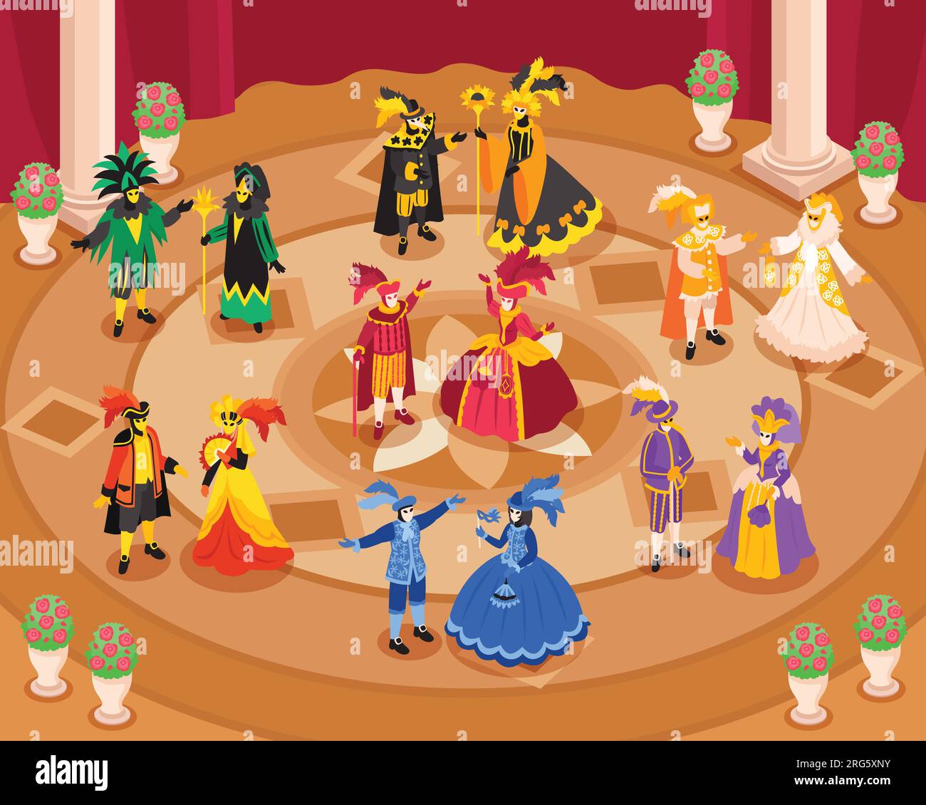 Isometric venetian costumes carnival composition with indoor scenery luxury interior and human characters wearing medieval outfits vector illustration Stock Vector