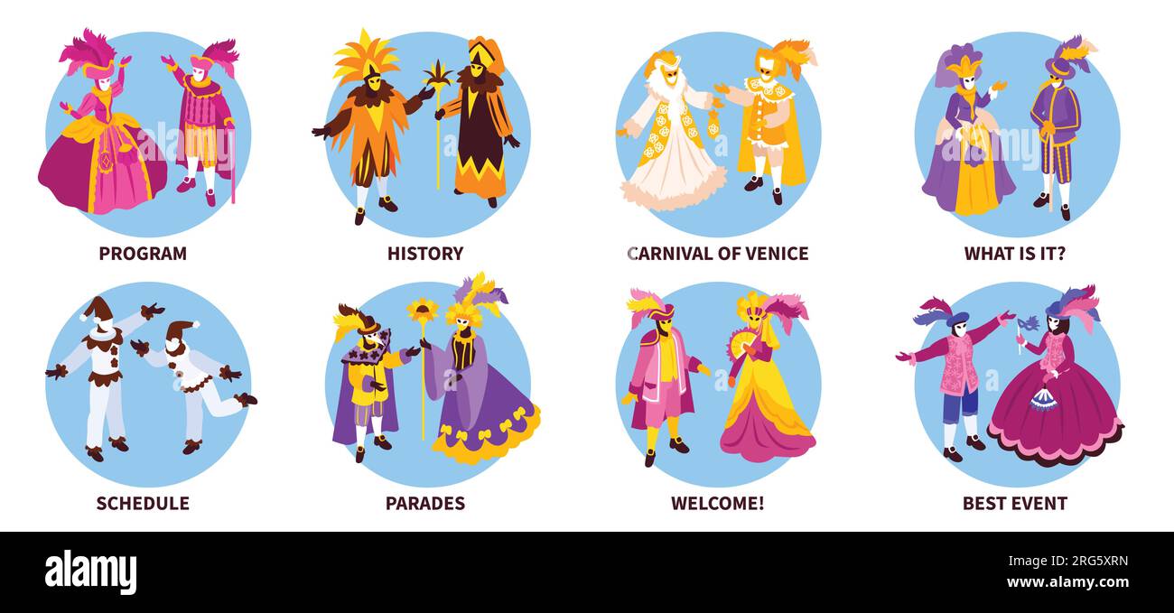 Isometric venetian costumes carnival set of compositions with text and different outfits for carnival of venice vector illustration Stock Vector