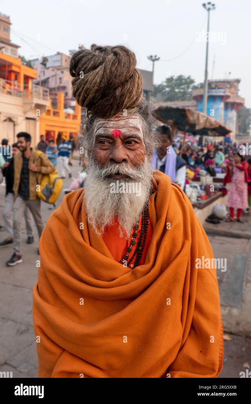 Half-length portrait of a Sadhu with hair up, Varanasi, Uttar Pradesh, India Stock Photo