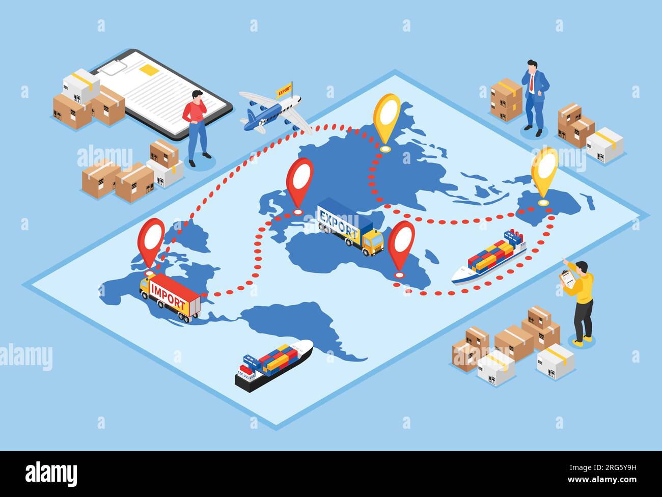 Isometric Export Import Composition With Warehouse Workers And World 