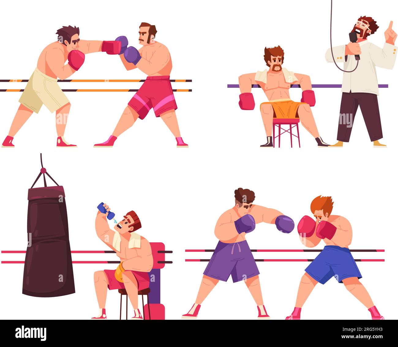 Flat boxing icon set boxers fight in the ring and rest between rounds