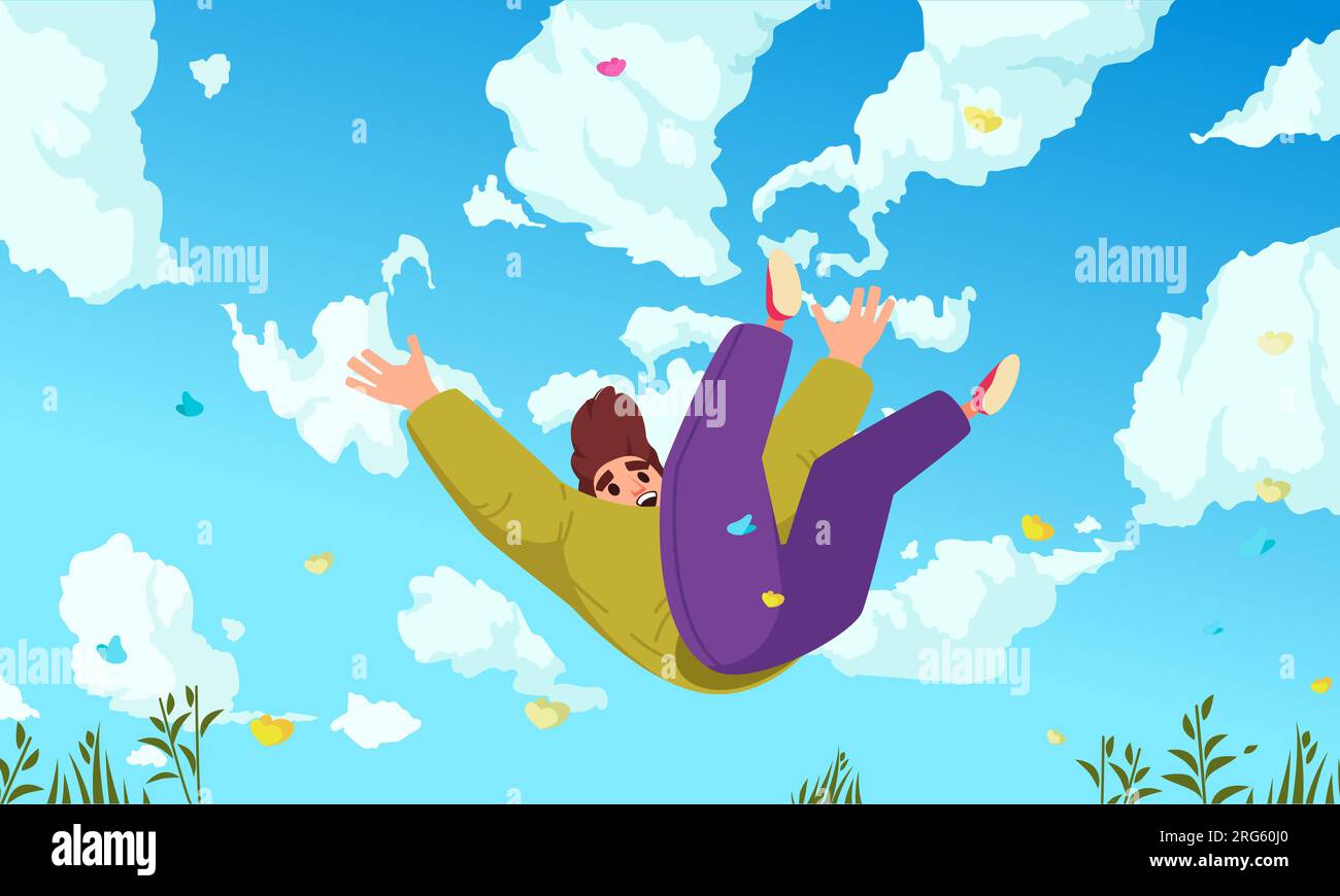 Falling people concept young guy falling down against the sky and clouds vector illustration Stock Vector