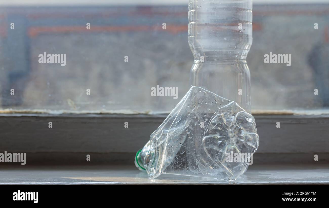 Minimalist Lifestyle - Whole Empty Plastic Bottles on Windowsill, Eco-conscious Living Stock Photo
