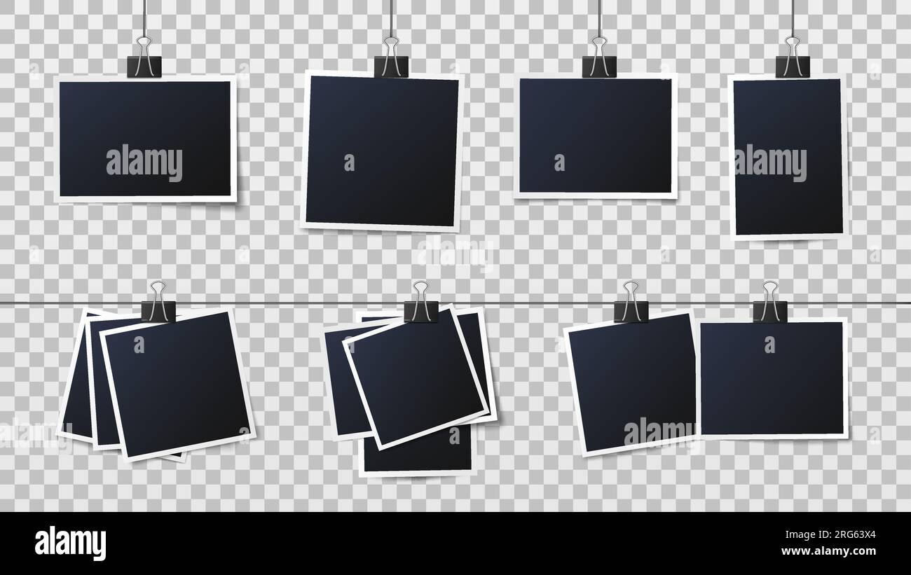 Photos on clips. Vintage photo frame, framed photograph and frames on