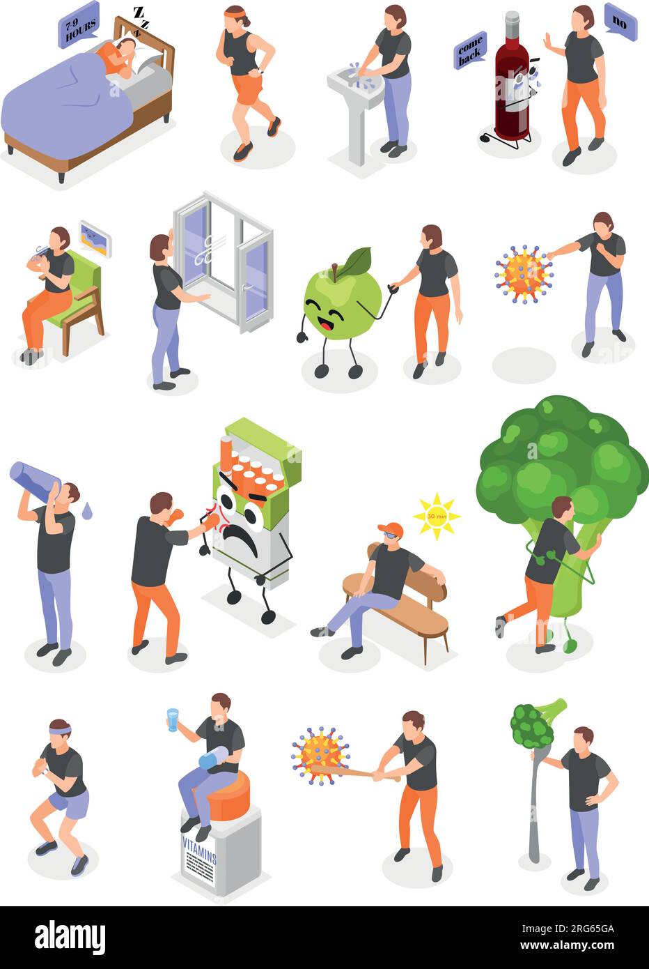 Immune system boost heathy nutrition active lifestyle hydration good sleep no bad habits isometric icons set isolated vector illustration Stock Vector