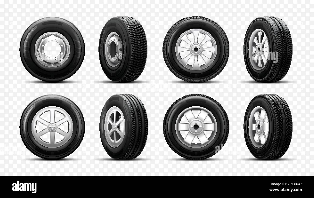 Eight car wheels with different disk forms and protector tread patterns