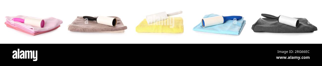 Group of lint rollers with fabrics on white background Stock Photo
