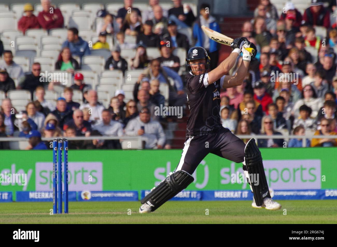 Manchester, 7 August 2023. Laurie Evans batting for Manchester Originals against Birmingham Phoenix in the Men’s Hundred competition at Old Trafford, Manchester. Credit: Colin Edwards/Alamy Live News Stock Photo