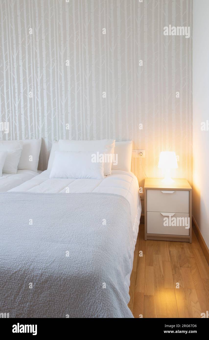 Bedroom with two small beds joined together, white clothes, gray