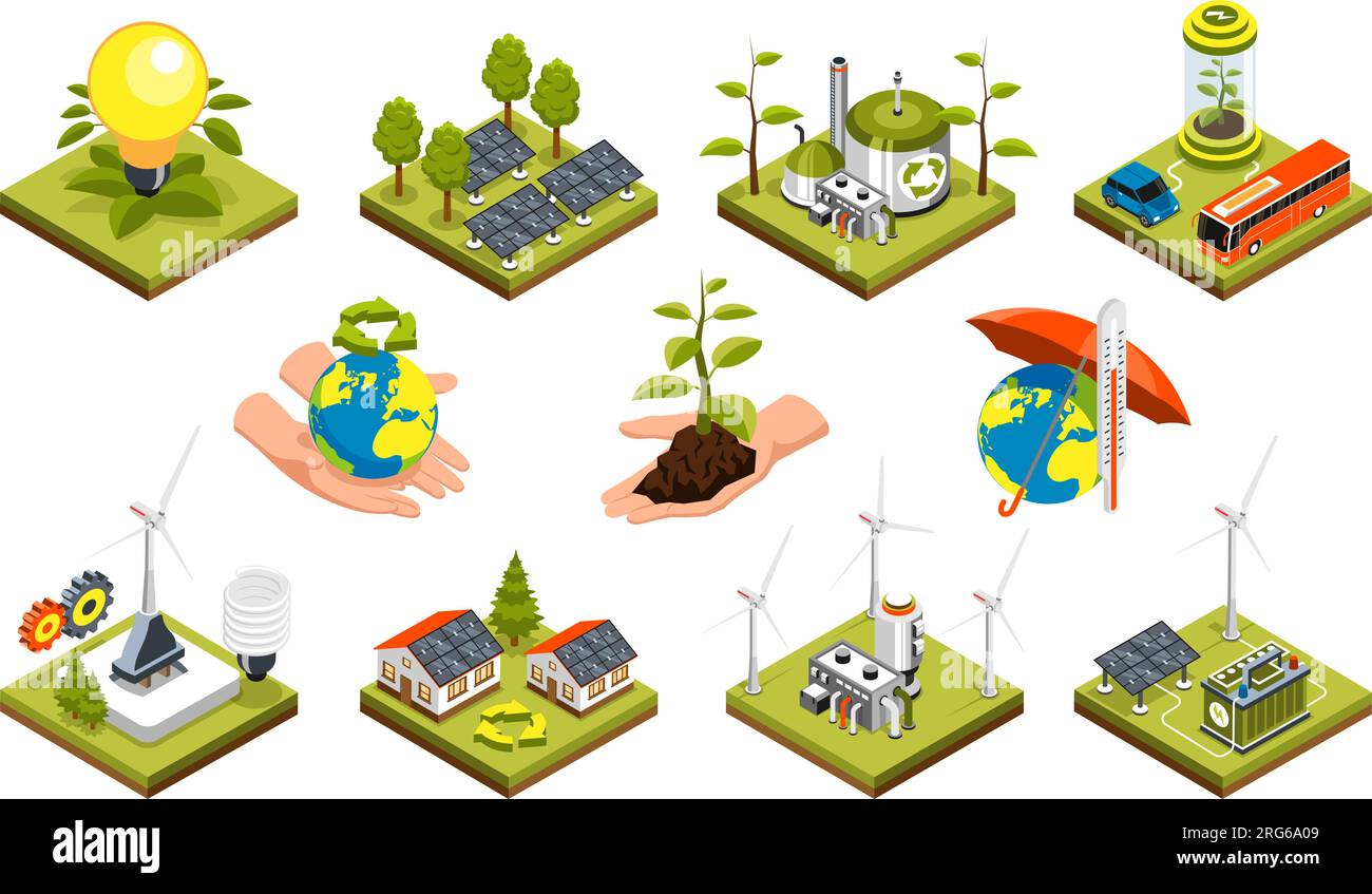 Ecology isometric icons set on theme of green energy clean planet and ...