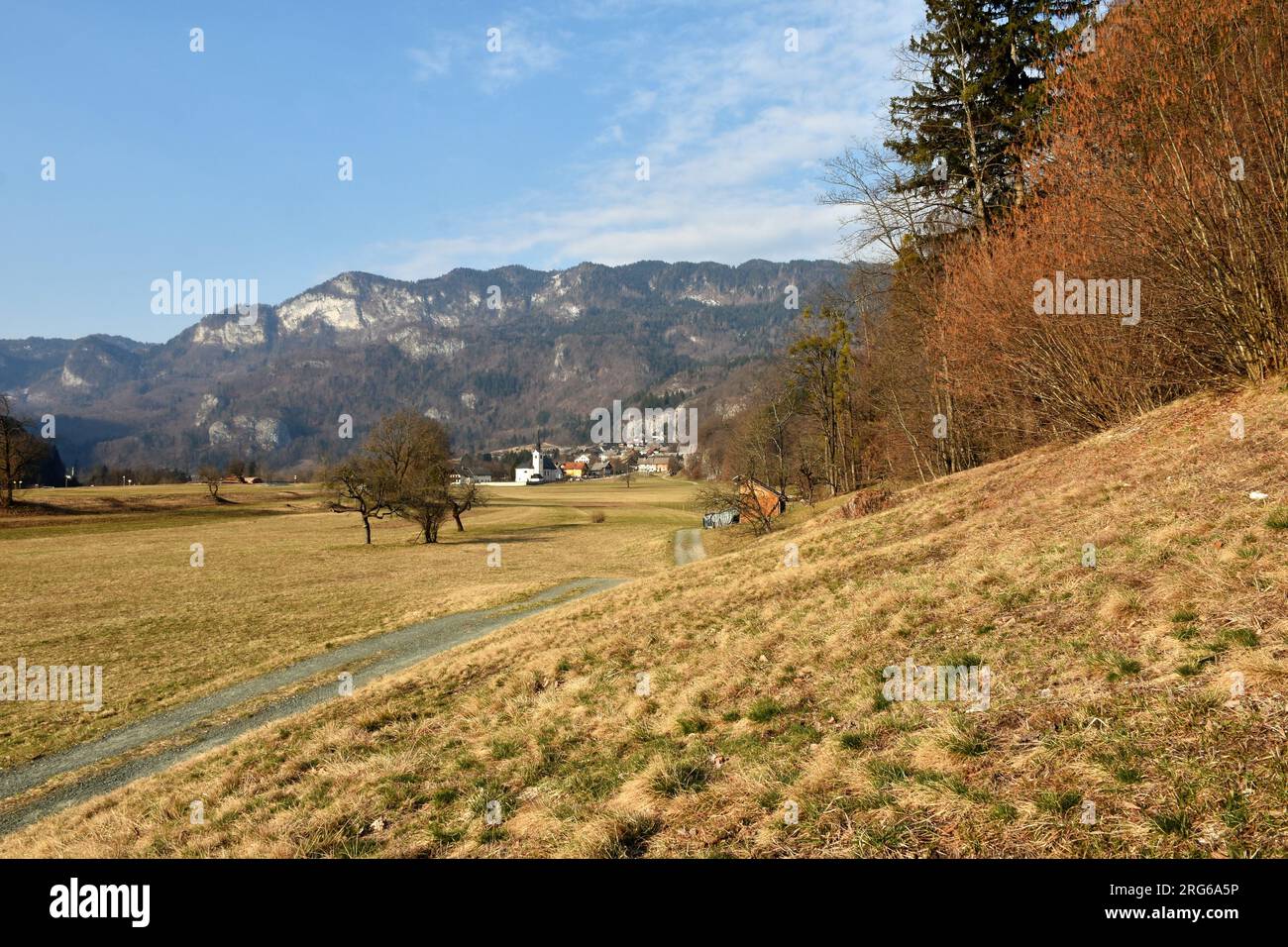 View of Bohinjska Bela village near Bled in Gorenjska, Slovenia and the slopes of Pokljuka plateau above Stock Photo