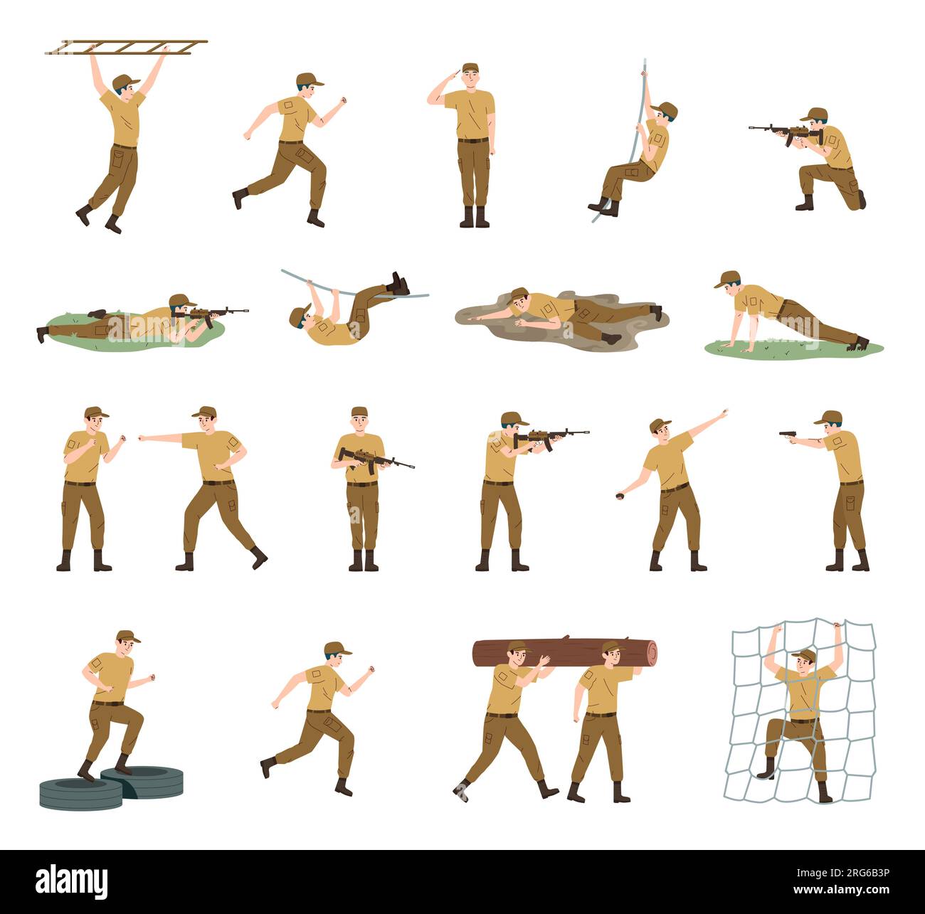 military training flat icon set soldiers do exercises running fighting shooting crawling vector illustration 2RG6B3P