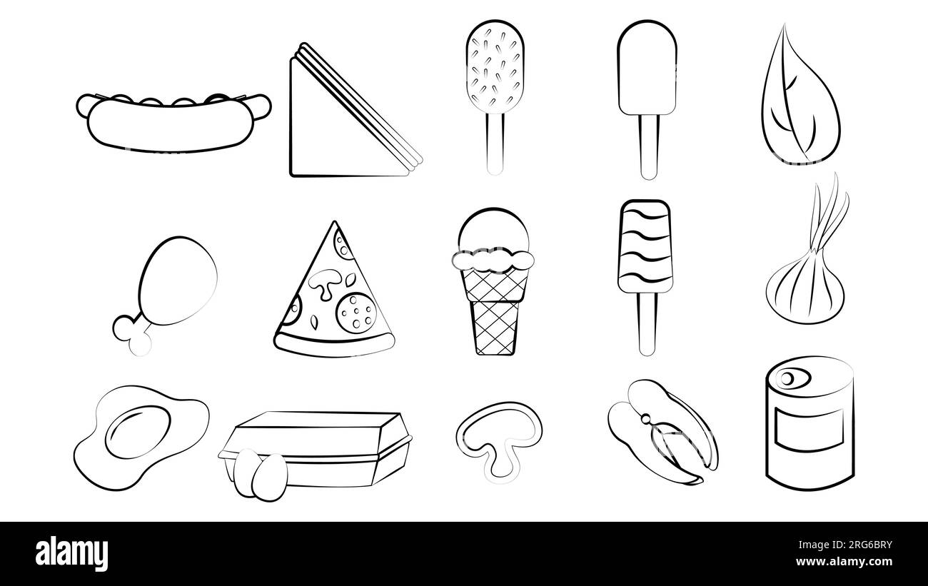 Black and white set of 15 food and snack items icons for restaurant bar