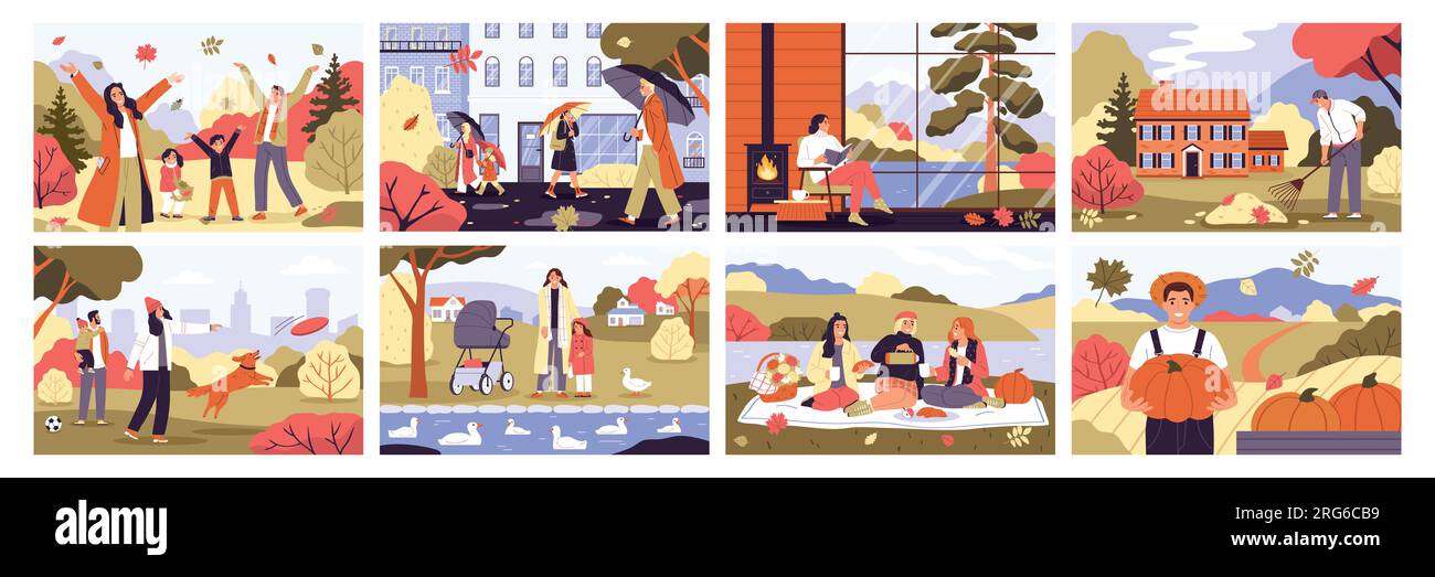Autumn and fall set with outdoor activity symbols flat isolated vector ...
