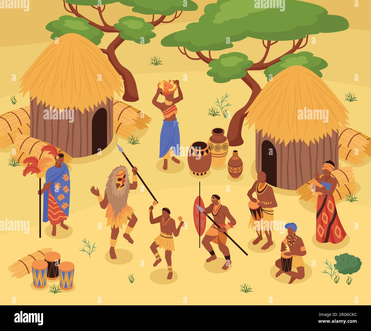 Isometric african people composition with outdoor landscape and view of