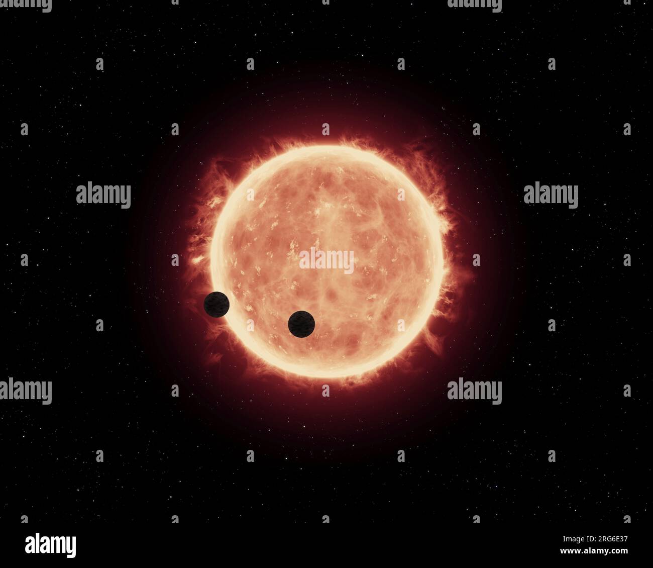 Artist's view of planets transiting red dwarf star in TRAPPIST-1 system. Stock Photo