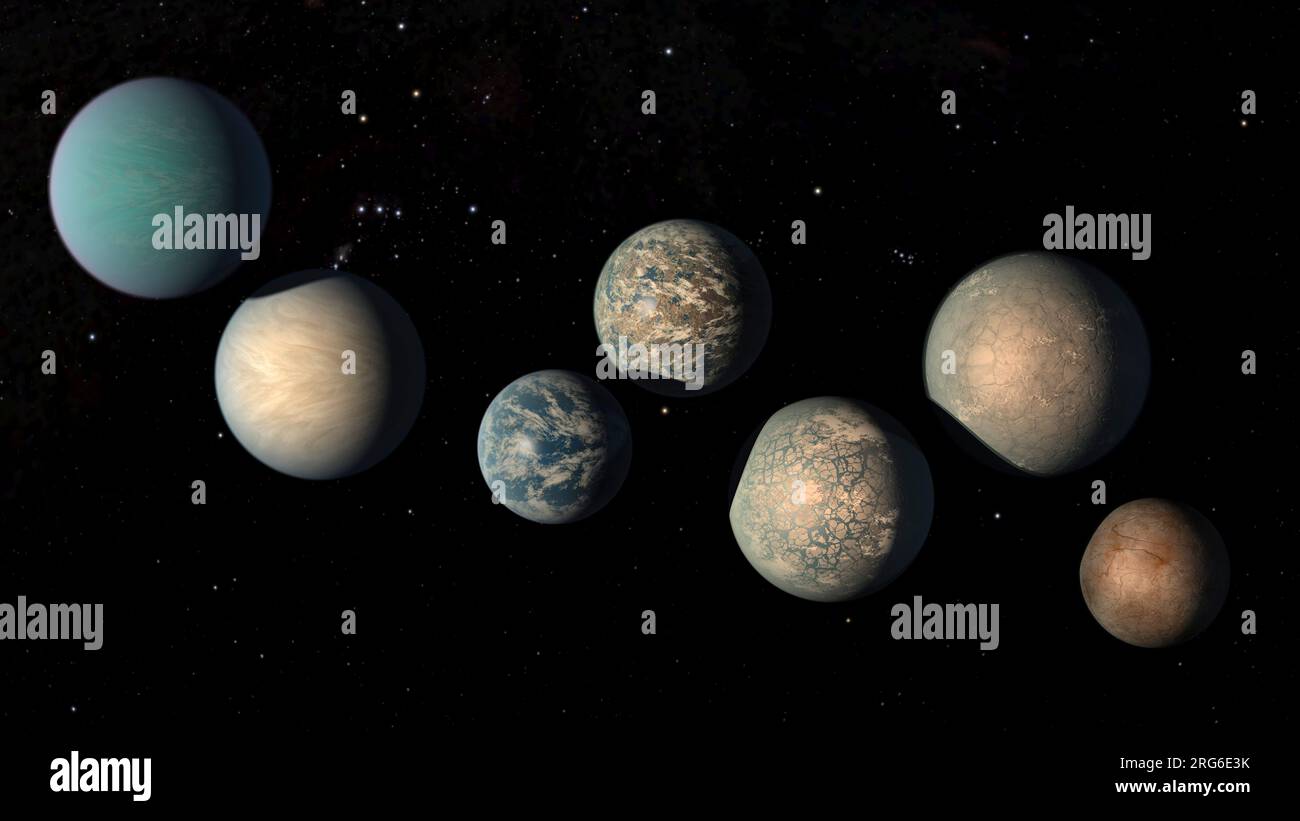 Illustration of the seven Earth-size planets of TRAPPIST-1, an exoplanet system. Stock Photo