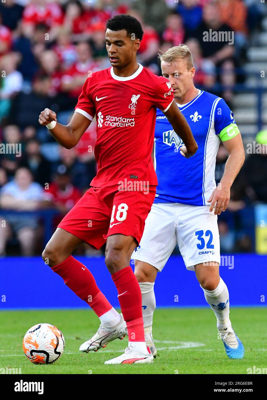 Preston, UK. 07th Aug, 2023. Cody Gakpo (Liverpool FC) with the ball during the Pre-season Friendly match between Liverpool and SV Darmstadt 98 at Deepdale, Preston, England on 7 August 2023. Photo by Mark Dunn. Editorial use only, license required for commercial use. No use in betting, games or a single club/league/player publications. Credit: UK Sports Pics Ltd/Alamy Live News Stock Photo