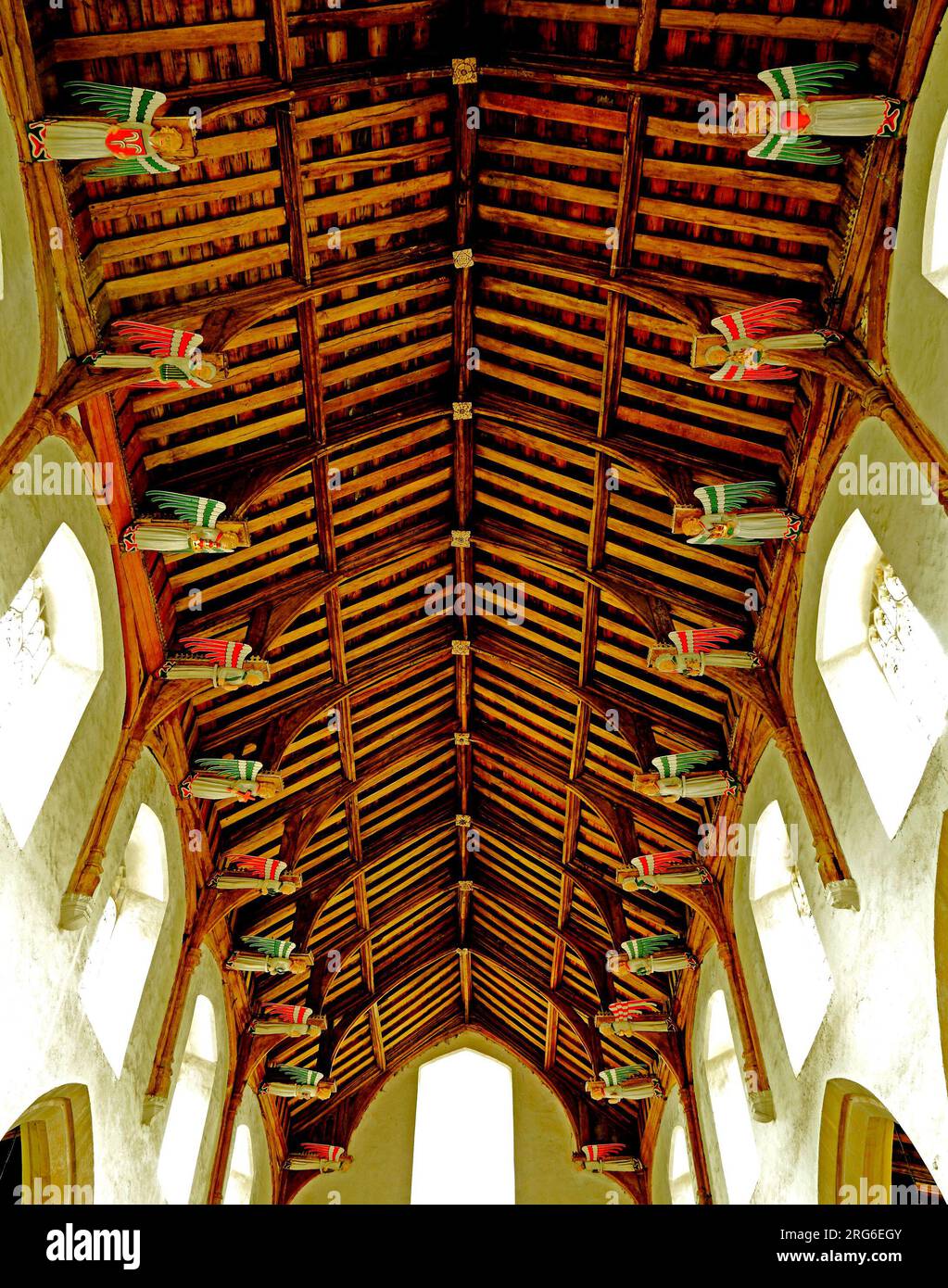 South Creake church, 15th century hammer beam roof, Medieval, detail, angel roof, angels, Norfolk, England, UK Stock Photo