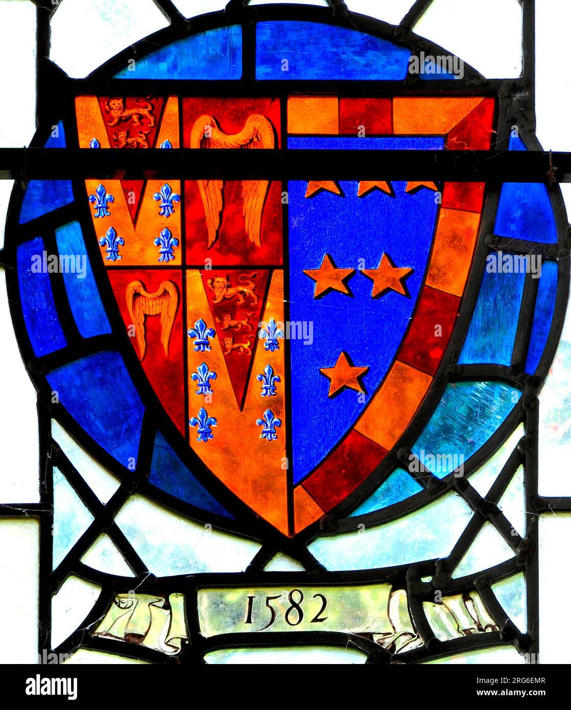 Stanhoe church, Norfolk, Arms of Edward Seymour of Berry Pomeroy, Devon, 1582, stained glass roundel window, heraldry, heraldic shield device, England Stock Photo
