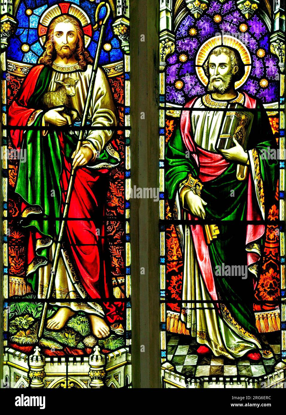 The Good Shepherd, and St. Peter, Simon Peter, stained glass window, by E R Suffling, late 19th century,  Fakenham, Norfolk Stock Photo