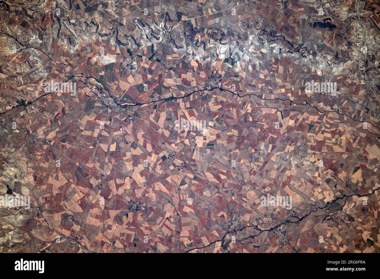 The cities of Villadiego, Villegas and Sasamon along the Rio Brulles river in Spain. Stock Photo