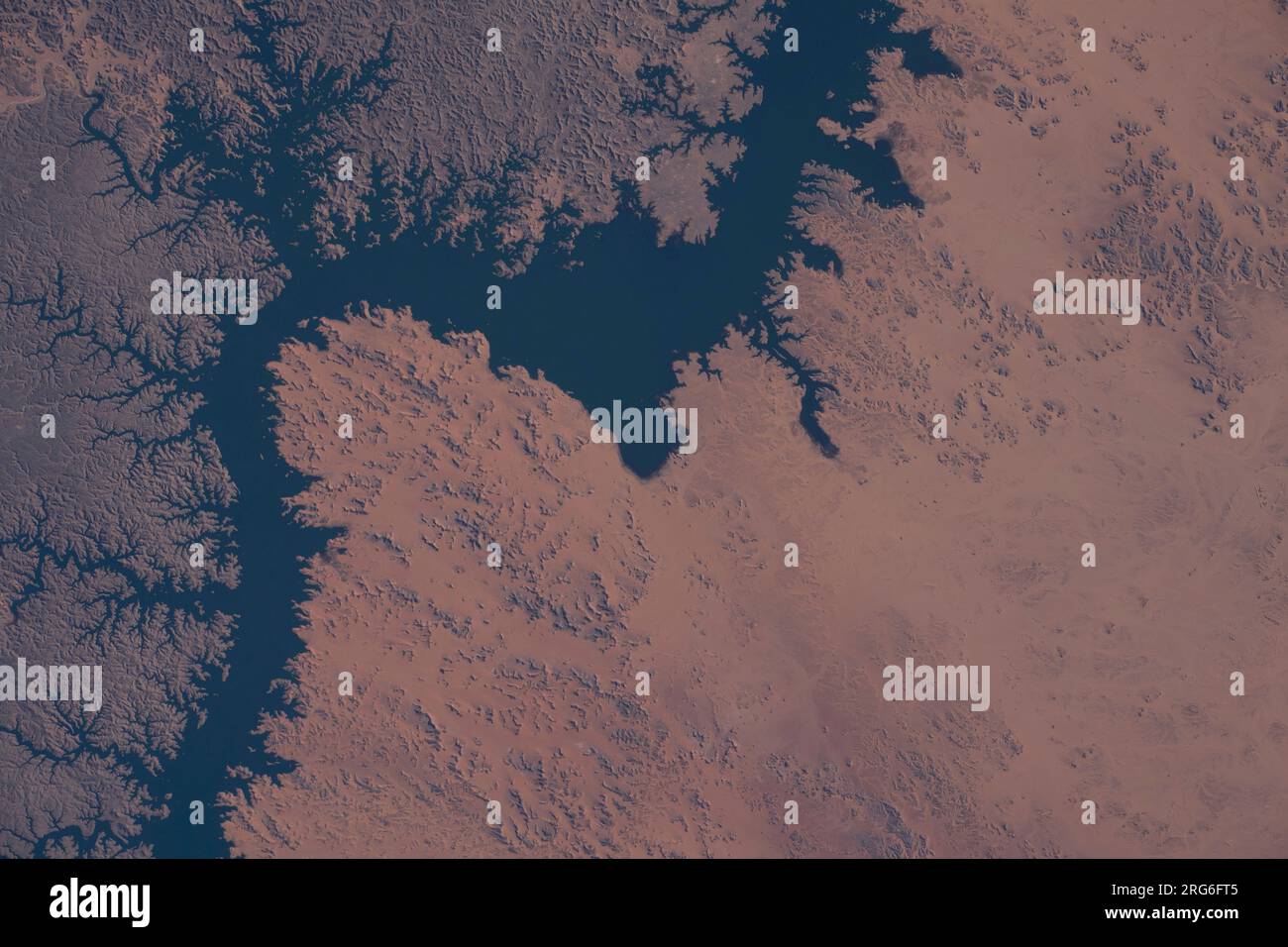 View from space of Lake Nasser, a vast reservoir in southern Egypt and northern Sudan. Stock Photo