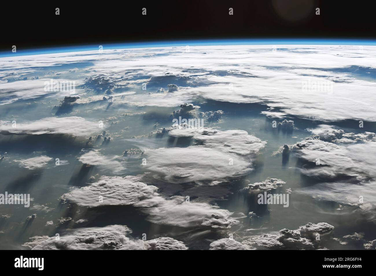 View from space of clouds and storms churning in the skies above the Amazon, over the Brazilian state of Tocantins. Stock Photo