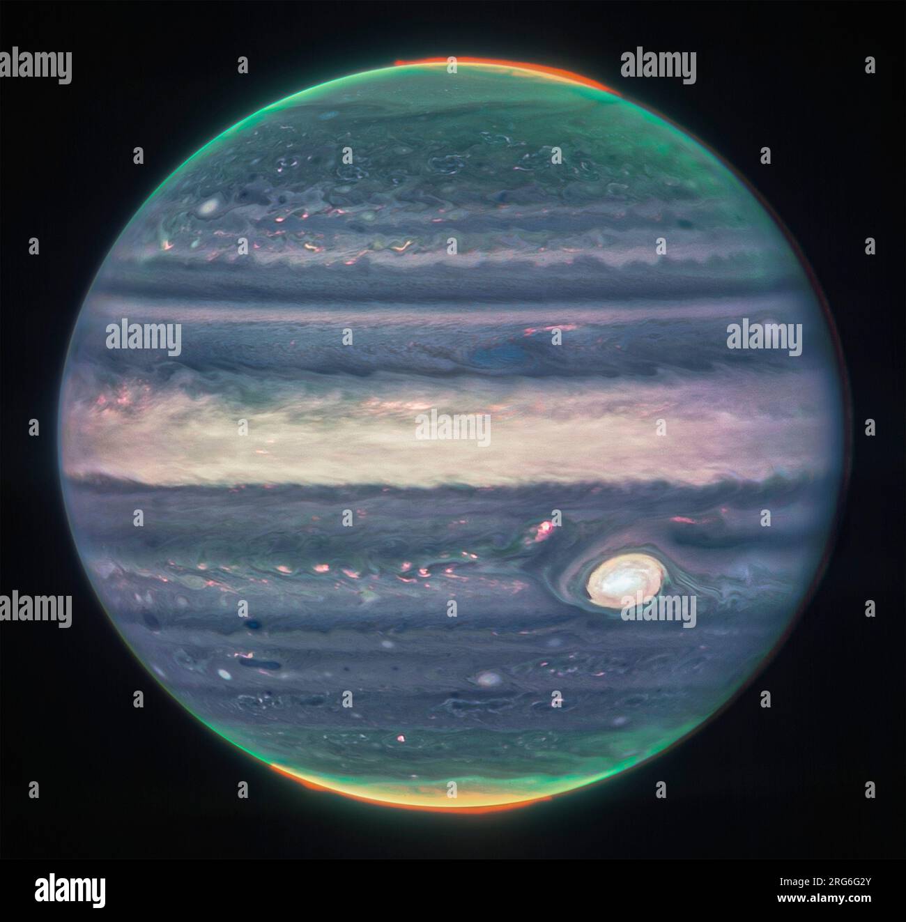 Detailed view of planet Jupiter with visible auroras. Stock Photo