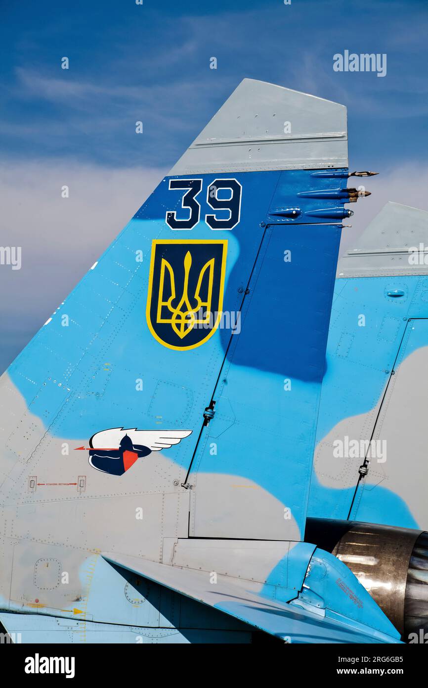Tail fin of a Ukrainian Air Force Su-27 Flanker jet. Stock Photo