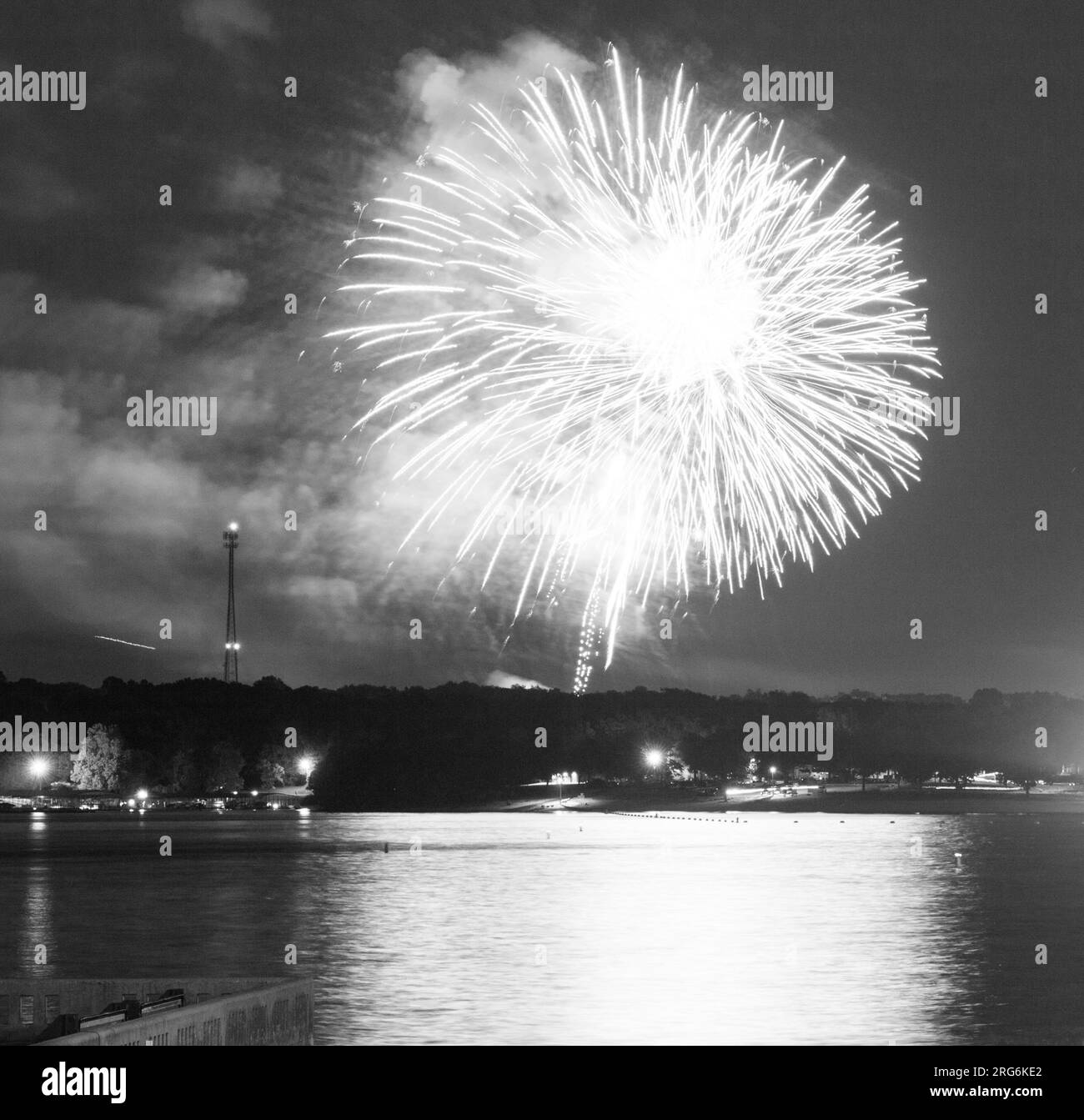 Fireworks over Grand Lake in Disney, Oklahoma on July 1, 2017 Stock Photo