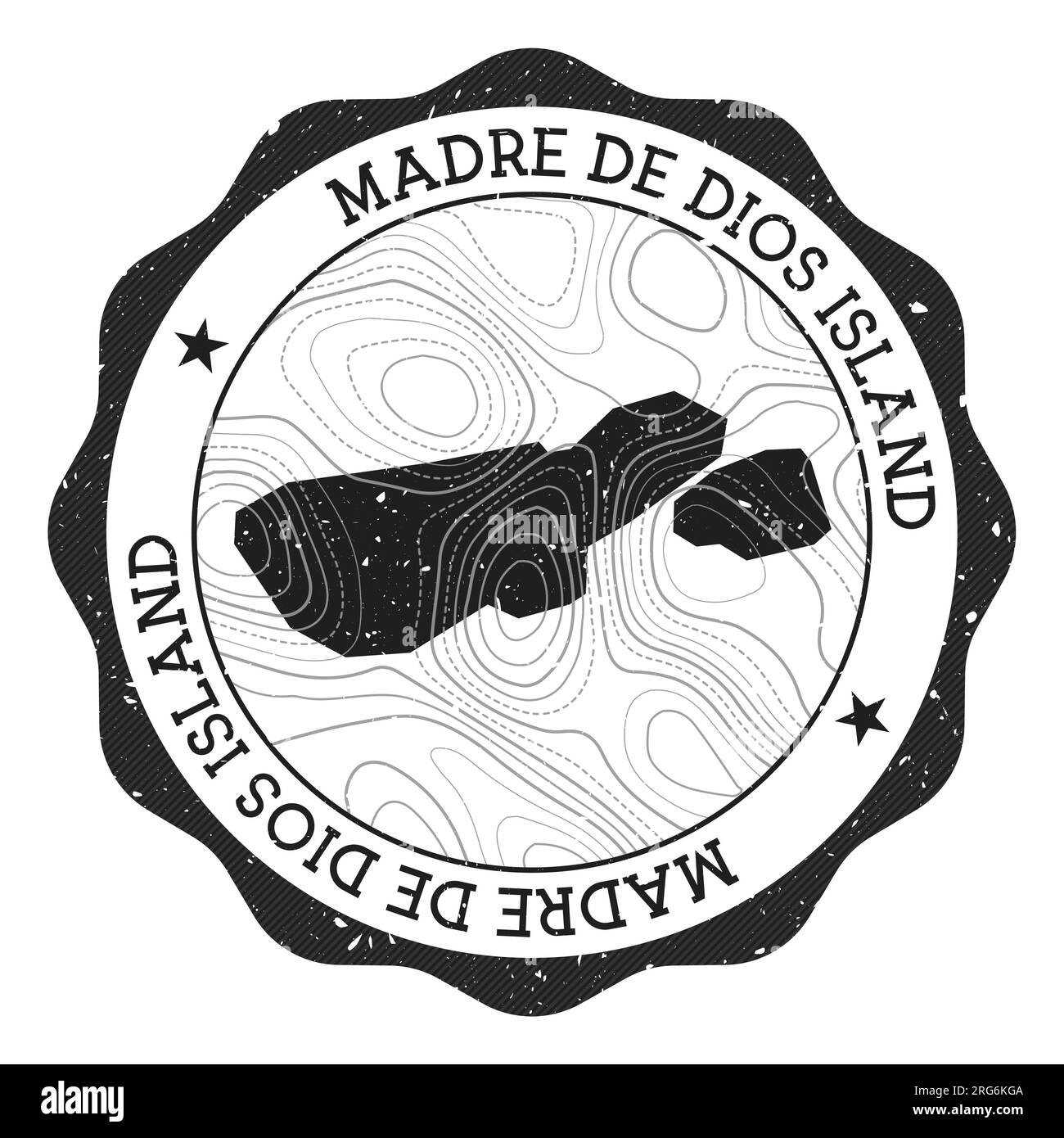 Madre de Dios Island outdoor stamp. Round sticker with map of island with topographic isolines. Vector illustration. Stock Vector