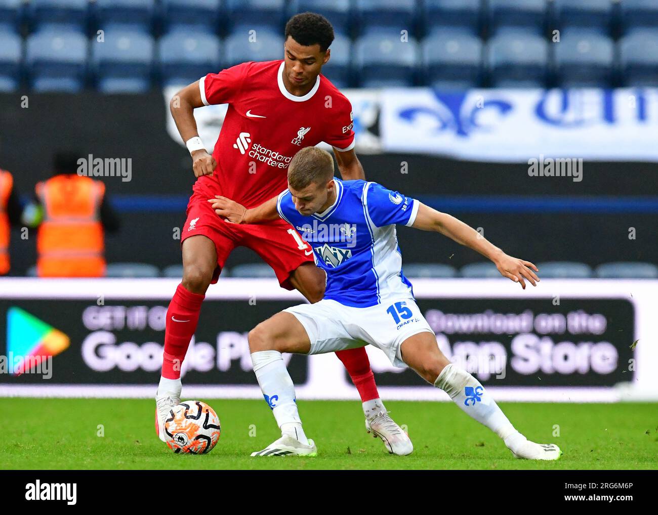 Preston, UK. 07th Aug, 2023. Cody Gakpo (Liverpool FC) and Fabian Nurnberger (SV Darmstadt 98) battle for the ball during the Pre-season Friendly match between Liverpool and SV Darmstadt 98 at Deepdale, Preston, England on 7 August 2023. Photo by Mark Dunn. Editorial use only, license required for commercial use. No use in betting, games or a single club/league/player publications. Credit: UK Sports Pics Ltd/Alamy Live News Stock Photo