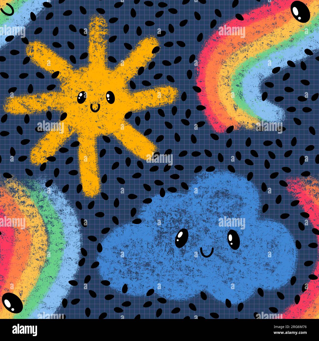 Cartoon sun and rainbow and clouds seamless doodle pattern for wrapping ...