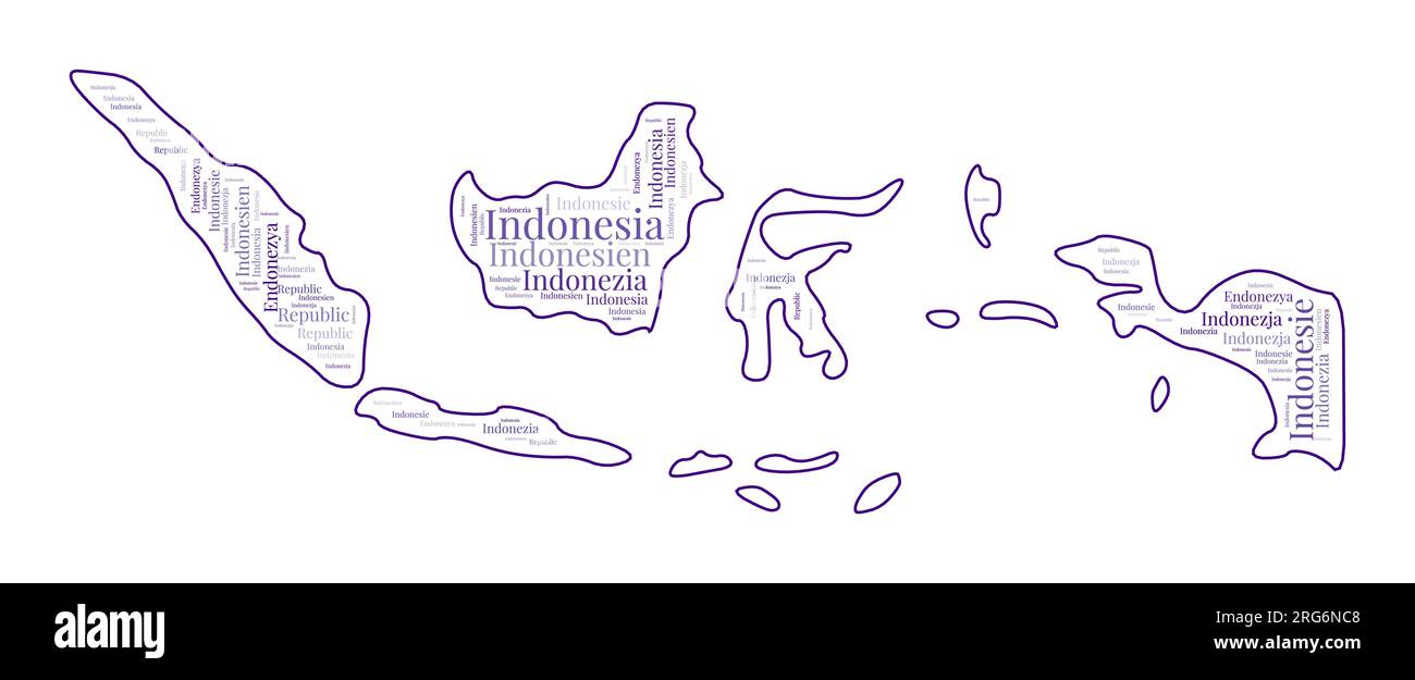 Indonesia shape filled with country name in many languages. Indonesia ...